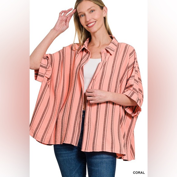Zenana Outfitters Tops - Zenana Woven Yarn-Dye Stripe Oversized Button Down Shirt
